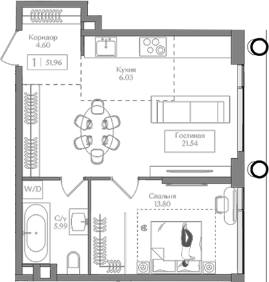 2-комн., 51.96 м², 4/16 этаж, ЖК «Преображенская площадь»