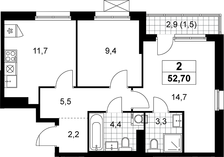 2-комн., 51.2 м², 13/13 этаж, ЖК «Прокшино»