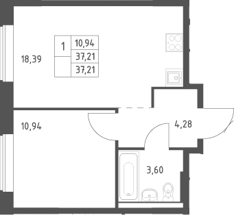 2-комн., 37.21 м², 8/12 этаж, ЖК «Большое Юрлово»
