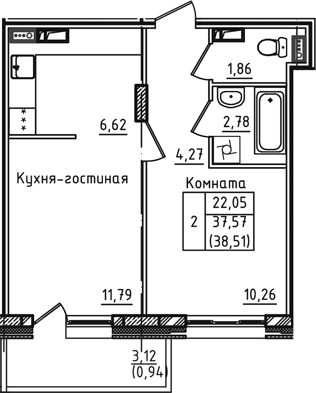 2-комн., 37.57 м², 2/5 этаж, ЖК «Зеленый город»