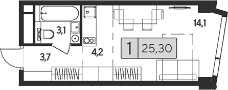 Студия, 25.3 м², 25/26 этаж, ЖК «Инди Тауэрз от Аквилон»