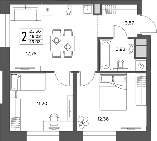 3-комн., 49.03 м², 2/18 этаж, ЖК «Городской бор»