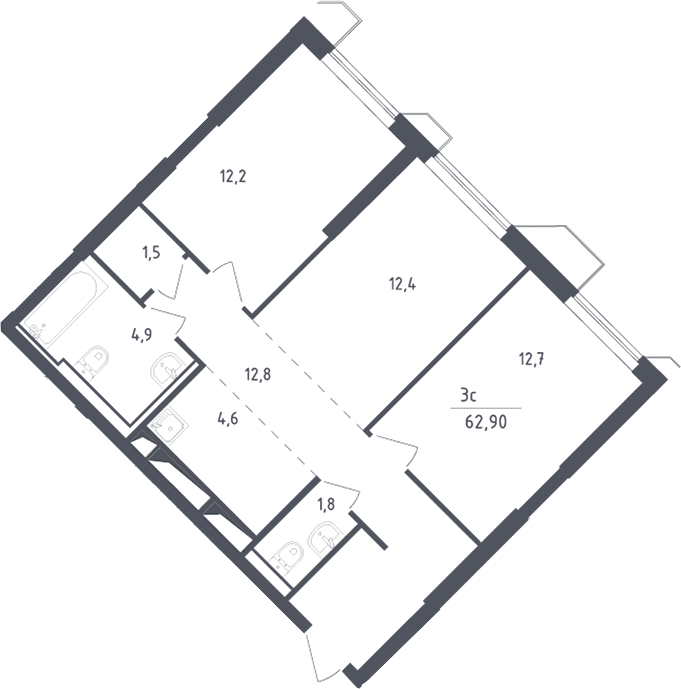 3-комн., 62.9 м², 12/30 этаж, ЖК «Скай Спутник»