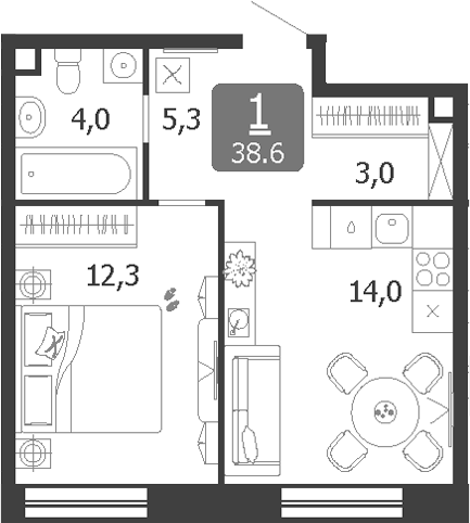 1-комн., 38.6 м², 10/19 этаж, ЖК «Шагал»