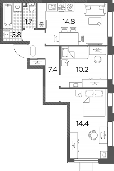 2-комн., 52.3 м², 12/17 этаж, ЖК «Лучи»