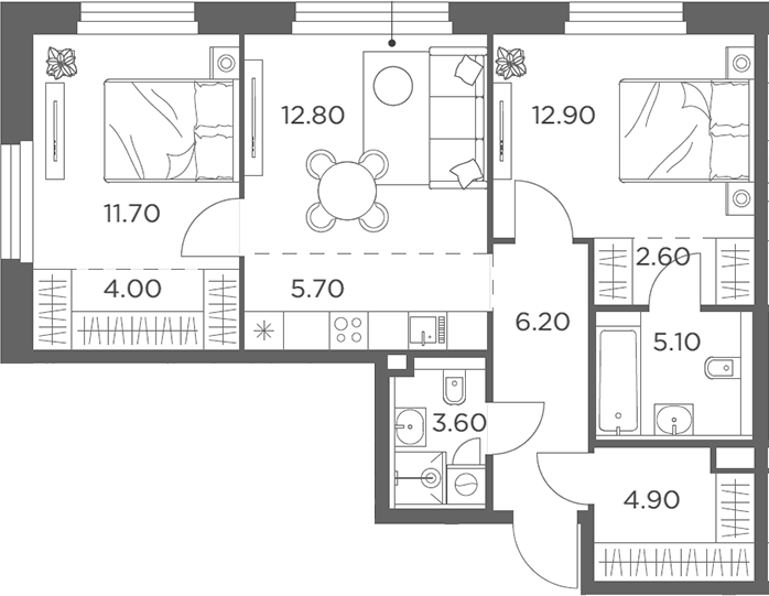 3-комн., 69.5 м², 13/23 этаж, ЖК «Белый Град»