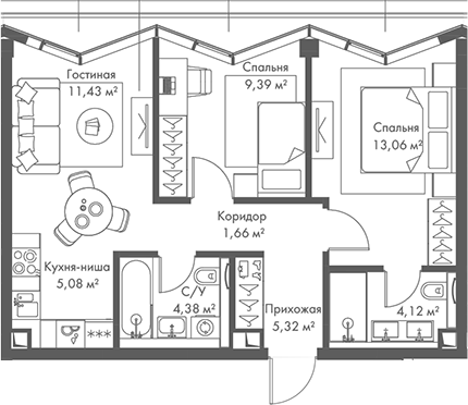3-комн., 54.44 м², 22/22 этаж, ЖК «МИРА»