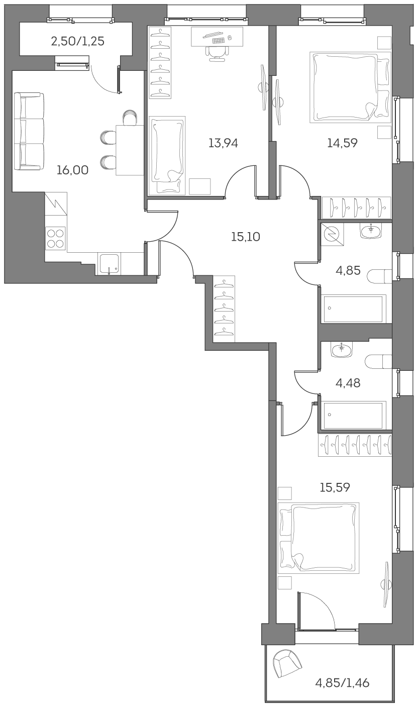 4+ комнаты, 84.55 м², 2/14 этаж, ЖК «Аквилон БИСАЙД 2.0»