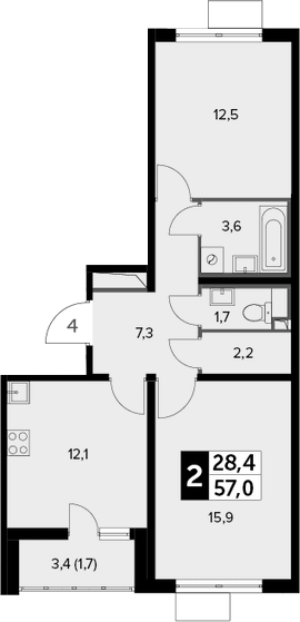 2-комн., 55.3 м², 6/20 этаж, ЖК «Южная Битца»