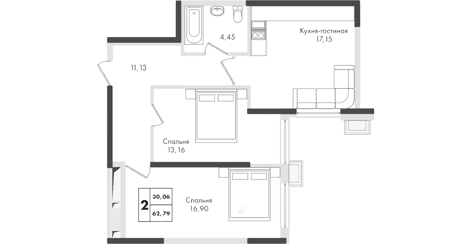 3-комн., 63.4 м², 1/9 этаж, ЖК «Зеленая территория»