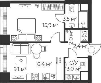 2-комн., 42.4 м², 38/71 этаж, ЖК «Веер»