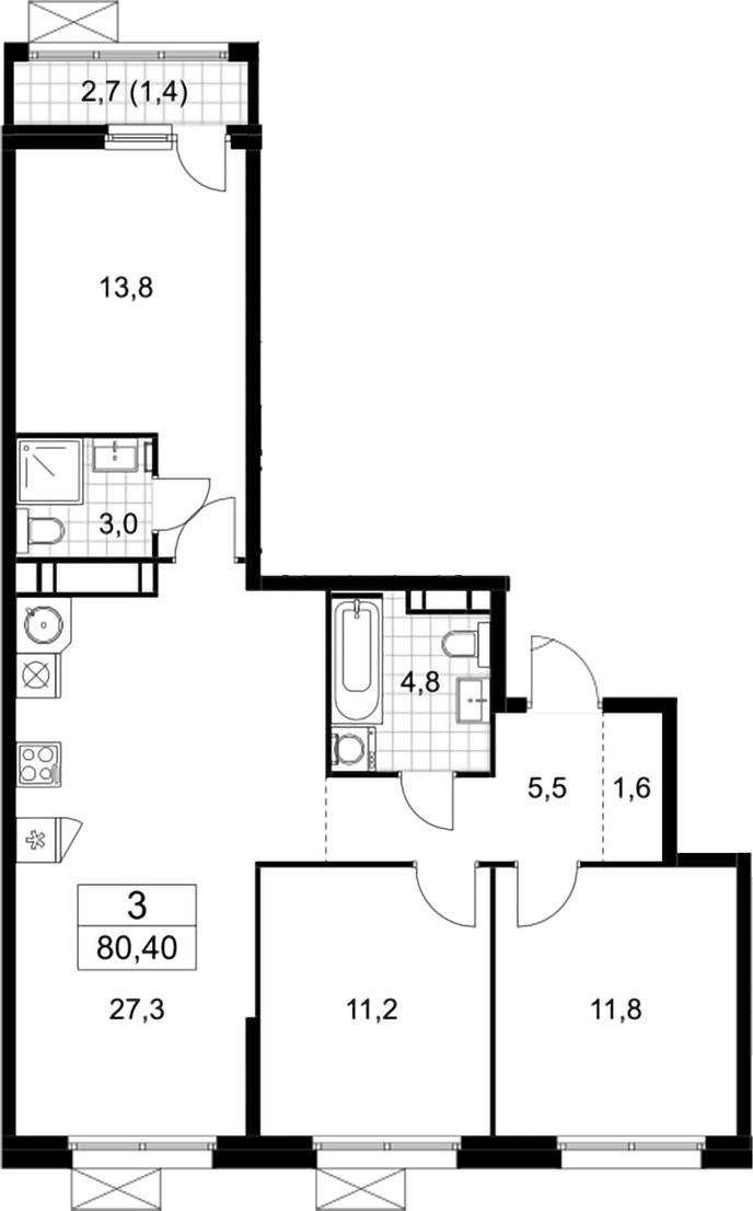 3-комн., 79 м², 16/17 этаж, ЖК «Скандинавия»