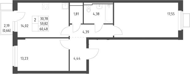 2-комн., 59.82 м², 7/12 этаж, ЖК «Новое Видное»