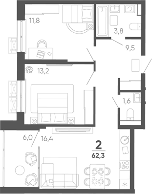 2-комн. квартира, 56.3 м² в ЖК Барса — фото 2