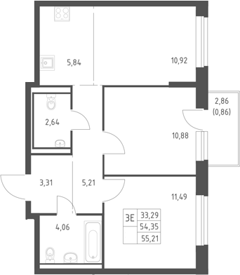 3-комн., 54.35 м², 14/17 этаж, ЖК «Горки Парк»