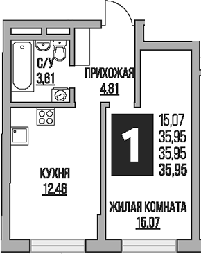 1-комн., 35.95 м², 8/8 этаж, ЖК «Гранель Живописный»