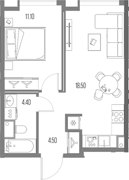 1-комн., 38.5 м², 19/20 этаж, ЖК «Северный Порт»