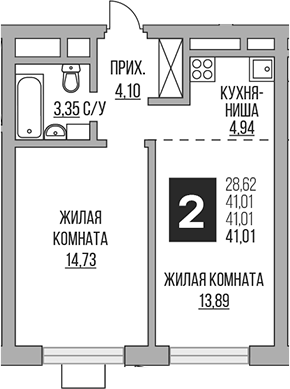 2-комн., 41.01 м², 2/23 этаж, ЖК «Гранель Ильинойс»