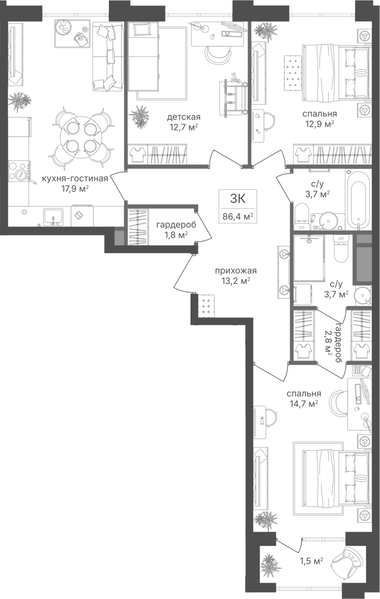 3-комн., 83.4 м², 7/9 этаж, ЖК «Михалковский»