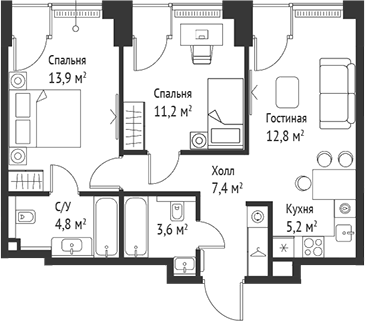 3-комн., 58.8 м², 5/5 этаж, ЖК «СЕТ»
