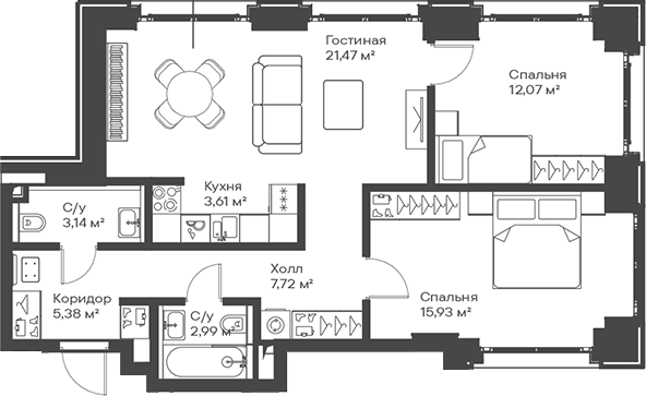 3-комн., 72.31 м², 6/15 этаж, ЖК «Сити Бэй»