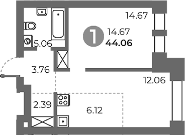 2-комн., 44.06 м², 22/24 этаж, ЖК «Павелецкая от Гранель»