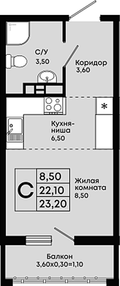 Студия, 22.1 м², 17/18 этаж, ЖК «Премьер»