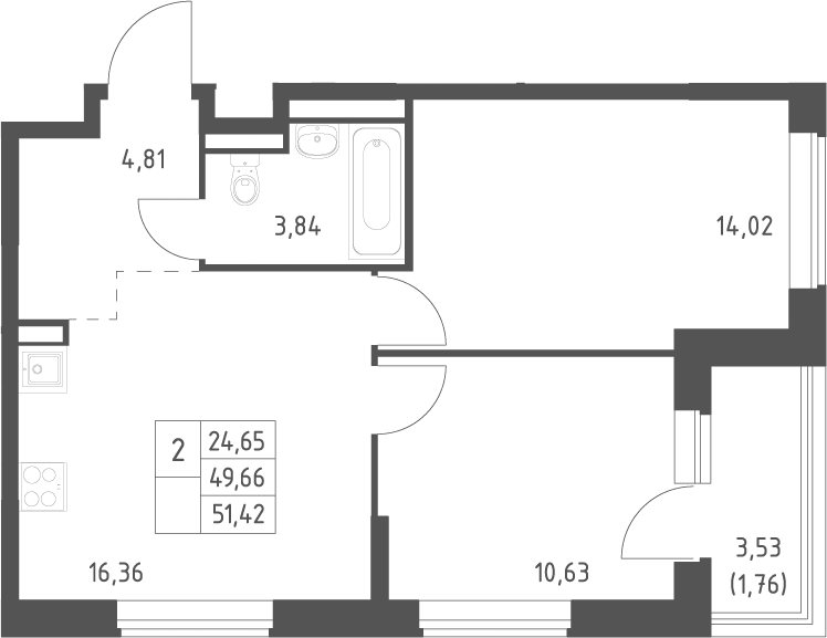 3-комн., 49.64 м², 2/12 этаж, ЖК «Большое Юрлово»