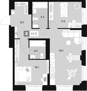 2-комн., 69.5 м², 24/30 этаж, ЖК «ЮТУ»