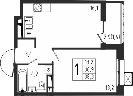 1-комн., 36.9 м², 6/10 этаж, ЖК «Берег»