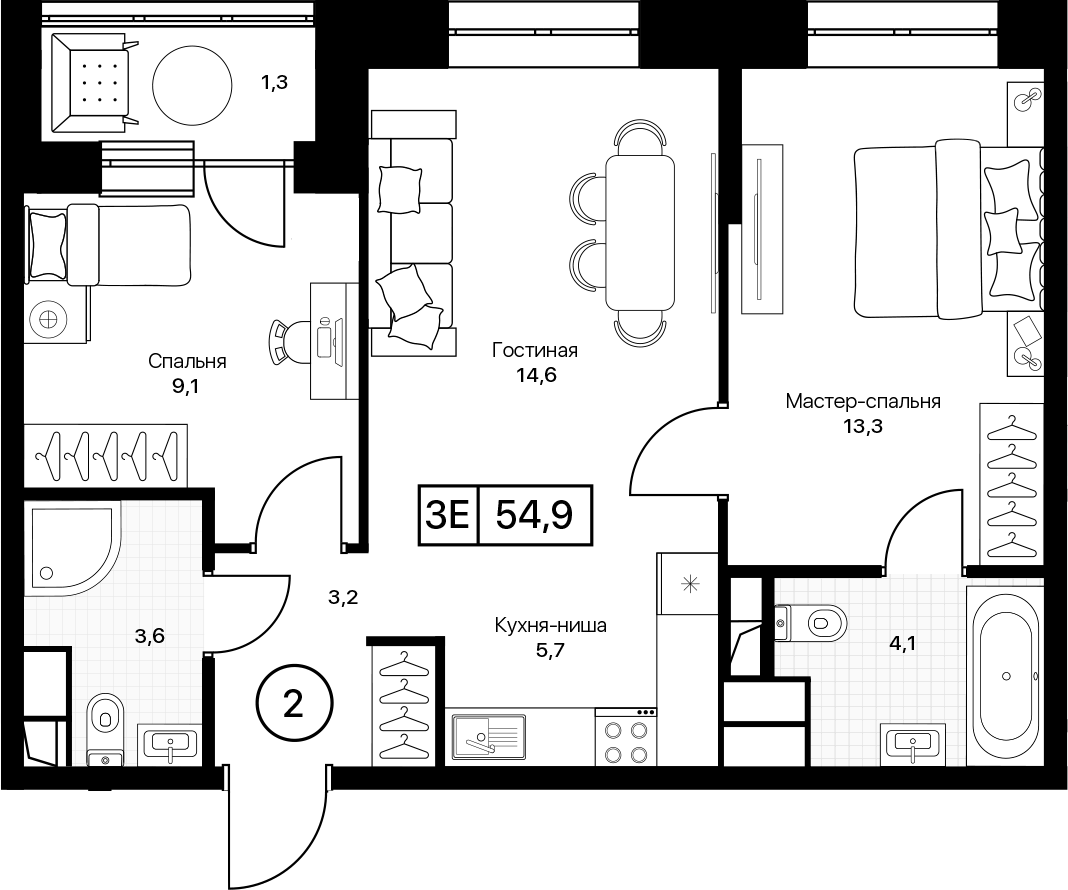 3-комн., 53.6 м², 11/17 этаж, ЖК «Пушкино Град»