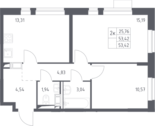 2-комн., 53.42 м², 12/12 этаж, ЖК «Пятницкие Луга»