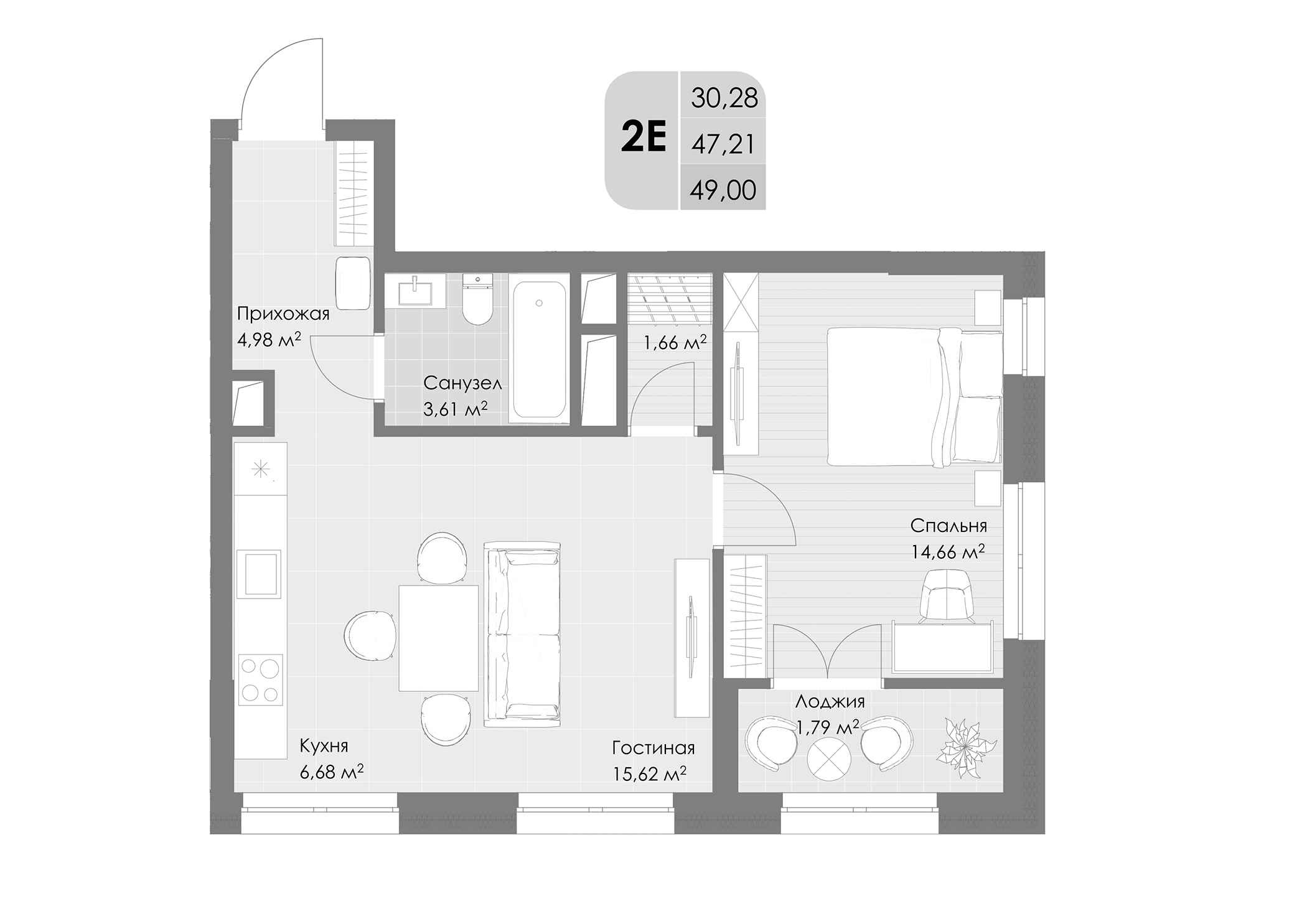 2-комн., 47.21 м², 28/30 этаж, ЖК «Дюна»