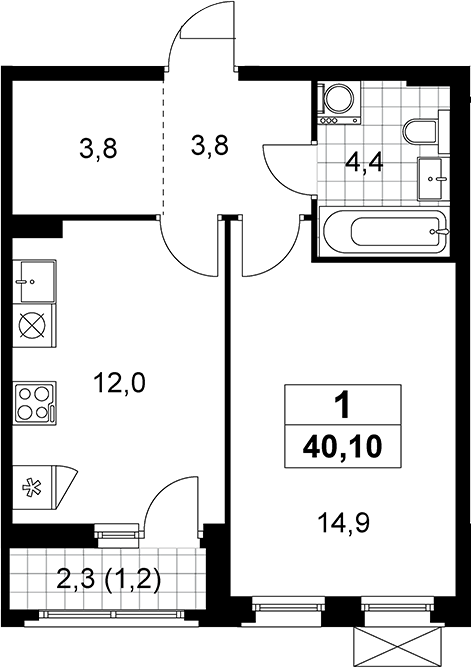 1-комн., 38.9 м², 3/10 этаж, ЖК «Прокшино»