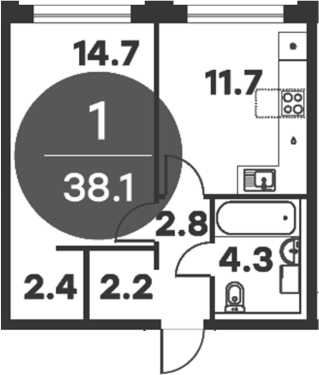 1-комн., 38.1 м², 5/6 этаж, ЖК «Равновесие»