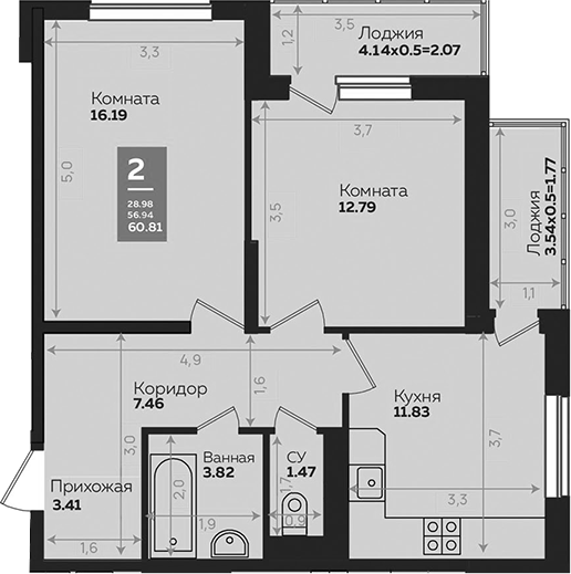 2-комн. квартира, 56.97 м² в ЖК Левада — фото 2