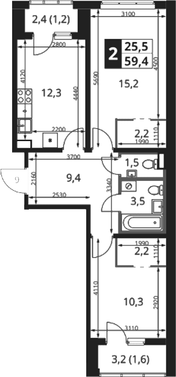 2-комн., 56.6 м², 2/18 этаж, ЖК «1-й Ясеневский»