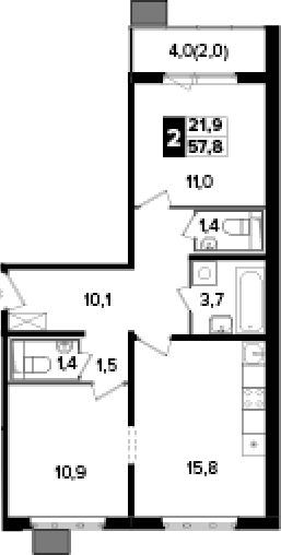 2-комн., 55.8 м², 18/24 этаж, ЖК «Южная Битца»