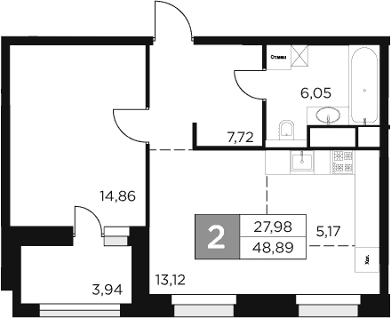 2-комн., 46.92 м², 9/15 этаж, ЖК «Восток 2»