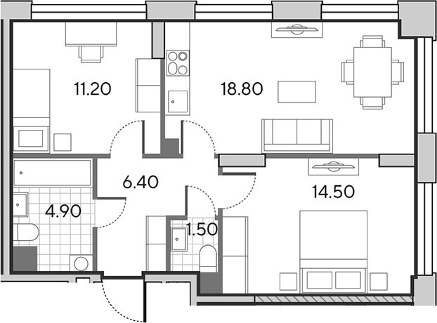 3-комн., 57.3 м², 2/30 этаж, ЖК «Вейв»