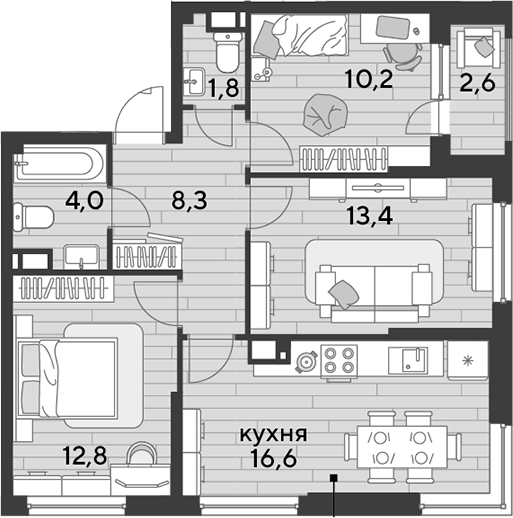 3-комн., 67.1 м², 13/16 этаж, ЖК «DОГМА ПАРК»
