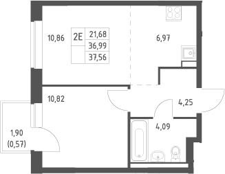 2-комн., 36.99 м², 3/17 этаж, ЖК «Новое Видное»