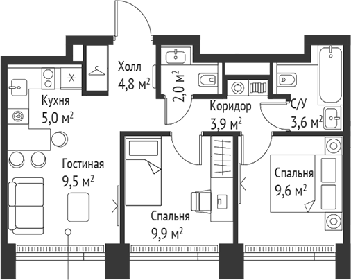 3-комн., 48.2 м², 50/52 этаж, ЖК «СЕТ»