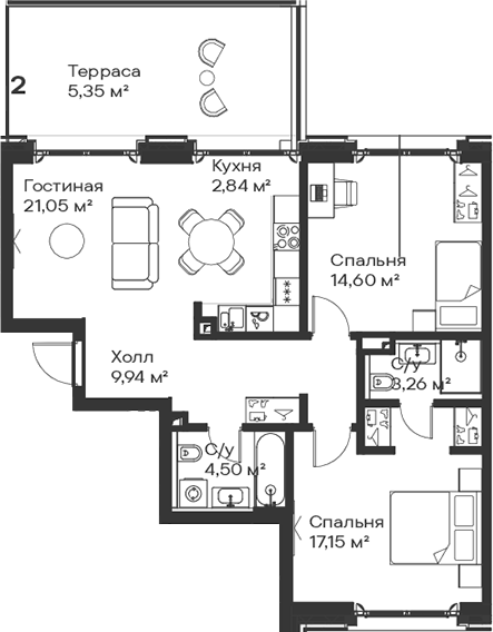 3-комн., 68.84 м², 2/15 этаж, ЖК «Сити Бэй»