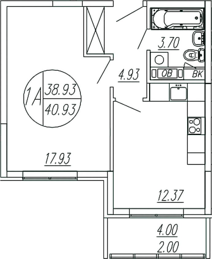 1-комн., 38.93 м², 3/4 этаж, ЖК «Шолохово»