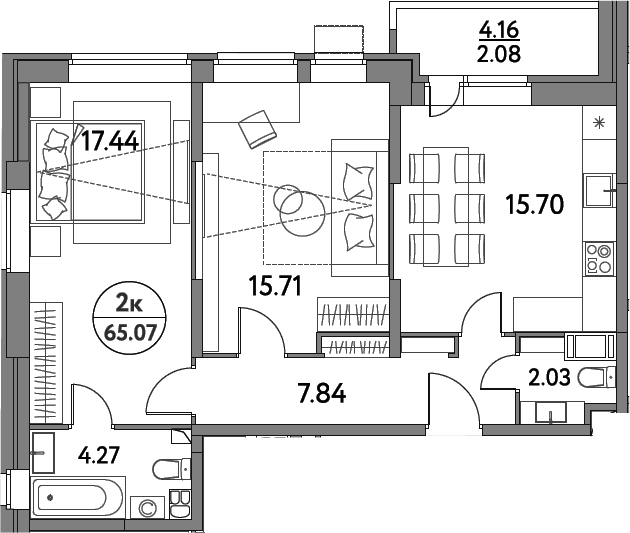 3-комн., 62.99 м², 14/17 этаж, ЖК «Дом на Сиреневой»