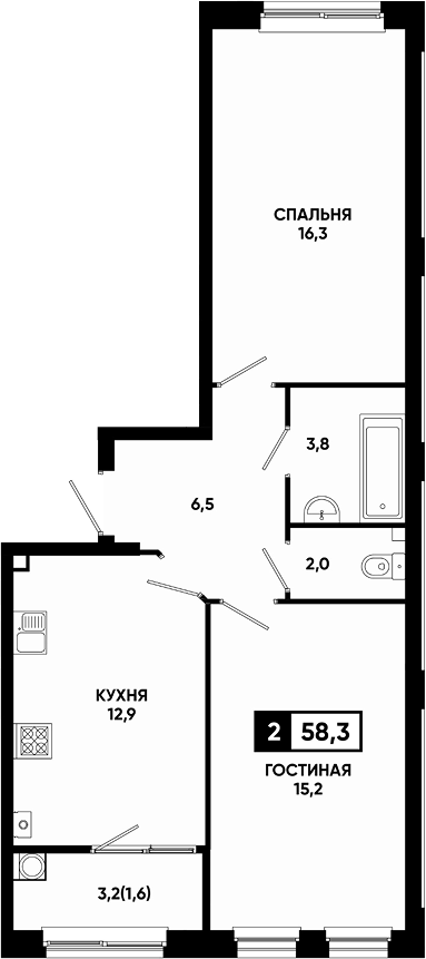 2-комн., 56.7 м², 1/13 этаж, ЖК «Резиденция Софи»