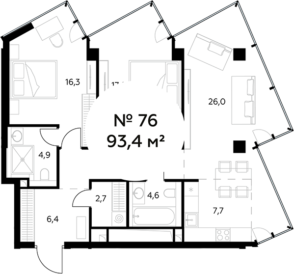 3-комн., 93.4 м², 15/27 этаж, ЖК «Монблан»