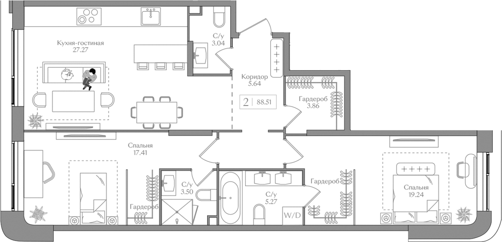 3-комн., 88.51 м², 5/16 этаж, ЖК «Преображенская площадь»