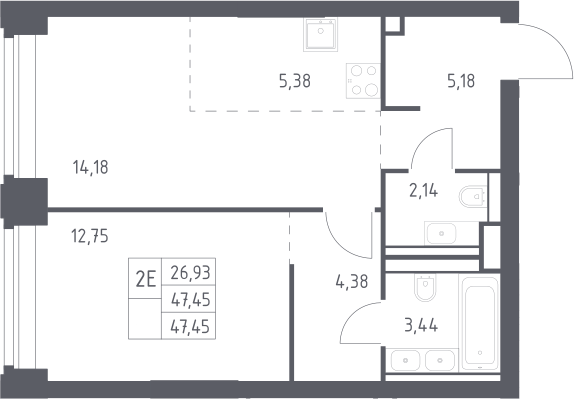 2-комн., 47.45 м², 19/40 этаж, ЖК «НОВА»